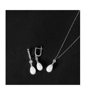925 Ayar Zirkon Taşlı Kalpli Damla Gümüş İnci Set (Rodyum)