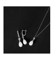 925 Ayar Zirkon Taşlı Kalpli Damla Gümüş İnci Set (Rodyum)