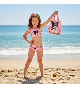 Kız Çocuk karakter Baskılı Eteği Fırfırlı- ip bağlamalı ÇANTA Mayo Bikini 3 lü Takım