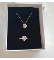 Çelik kalp kolye yüzük seti sevgiliye hediyelik set (Pembe)