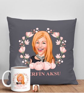 BK Gift Kişiye Özel Karikatürlü Anneler Günü Tasarımlı Antrasit Kırlent Yastık ve Kupa Seti, Anneye Hediye, Ev Dekorasyonu, Anneler Günü Hediyesi-3