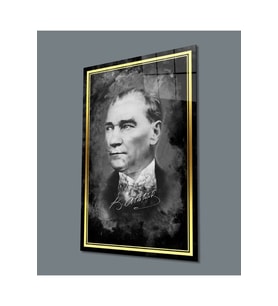 Miyrem Glasses Collection -A1^#  Gold Şerit Atatürk Portresi Siyah Beyaz Cam Tablo (Çok Renkli)