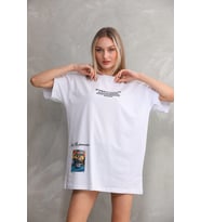 kadın Bisiklet Yaka Baskılı Oversize T-Shirt - Beyaz