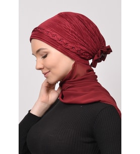 Pileli Saç Örgülü Boncuklu Gül Detaylı Saten Tesettür Bone Şal (Bordo)