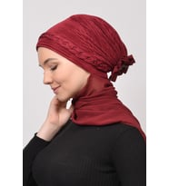 Pileli Saç Örgülü Boncuklu Gül Detaylı Saten Tesettür Bone Şal (Bordo)