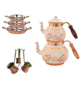 Bakır Caydanlik 18 Cm Tava 3lü Bakır Cezve Osmanlı Ocağı 2 Li Kahve Fincanı Takımı Set