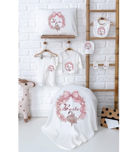 Pia Baby Premium İsim Baskılı Yenidoğan Kız Bebek Hediyelik %100 Pamuk Set 5025-02 (Ekru)