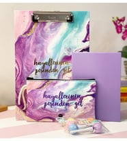 Hayallerinin Peşinden Git Tasarımlı Sekreterlik Kalemlik Mor RenkLastikli Defter Ve Lolipop Kalem