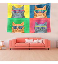 Kedi Desenli Sevimli Gözlüklü Kedi Leke Tutmaz Kadife Doku Kumaş Duvar Örtüsü Duvar Halısı Tapestry (Çok Renkli)