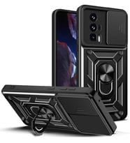 Xiaomi Poco F5 Pro ile Uyumlu Kılıf Silikon Yüzük Standlı Araç Tutucu için Mıknatıslı Tank Darbe ve Sürgülü Kamera Lens Korumalı Kapak Siyah