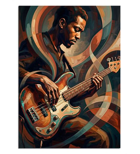 Gitar Çalan Afro Adam Renkli Portre Dekoratif Kanvas - Mdf Ahşap Tablo