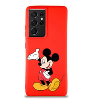 Samsung Galaxy S21 Ultra Soft Premier Kapak Mickey Mouse-C Tasarımlı Silikon Kılıf - Kırmızı (Şeffaf)