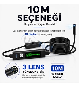 Uninet Iphone Için 10 Metre Wifi Özellikli 3 Kameralı Endoskop Yılan Kamera 1080P Hd