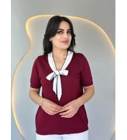 pilelistore- Kadın Kısa Kollu V Yaka Fular Detay Merserize Triko Bbluz (Bordo)