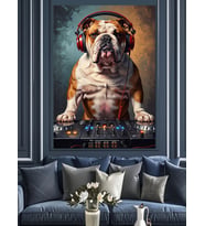 Kulaklıklı Ve Dj Kabininde Bulldog Dekoratif Kanvas - Mdf Ahşap Tablo
