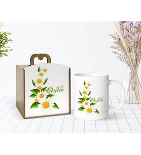 BK Gift Kişiye Özel Ahşap Kutuda Papatya Temalı Beyaz Kupa Bardak-8