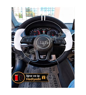 Audi A4 B9 Dikme Direksiyon Kılıfı Delikli Deri Parlak Siyah Beyaz Detay Çift Yüzük ve Dikiş 2016-2019