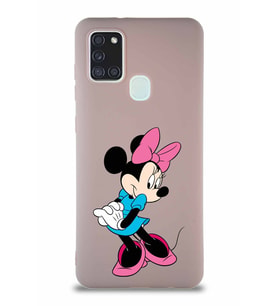 Samsung Galaxy A21S Soft Premier Kapak Minnie Mouse-F Tasarımlı Silikon Kılıf - Pudra (Şeffaf)