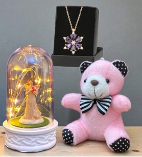 Gerçek Ametist Taşlı Lotus Kolye, Peluş Anahtarlık ve Led Işıklı Fanus Hediye Seti (Model 7)