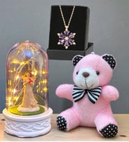 Gerçek Ametist Taşlı Lotus Kolye, Peluş Anahtarlık ve Led Işıklı Fanus Hediye Seti (Model 7)