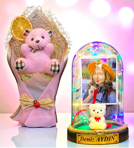 Sizlere Özel İsimli Fotoğraflı Renkli Led Işıklı Fanus ve Pembe Peluş Ayıcık Buketi (Model 1)