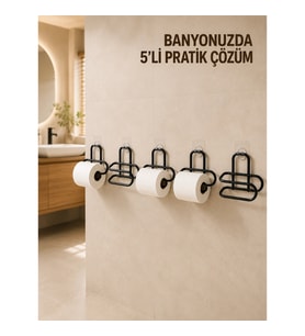 Mey İthalat® 5 Adet Duvara Yapışkanlı WC Kağıtlık Delmeden Montaj Siyah Metal Tuvalet Kağıdı Askısı