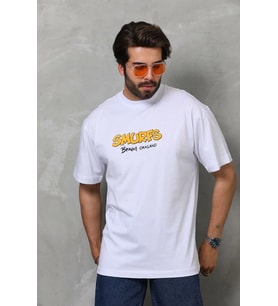 Erkek Kısa Kol Yazlık Tişört Bisiklet Yaka Baskılı Oversize T-Shirt - Beyaz