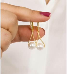 925 Ayar Gümüş Zarif İnci Sallantılı J Küpe 10 mm (Gold)