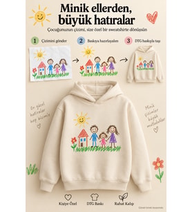 Kişiye Özel Çocuk Çiziminden DTG Baskılı Ekru Kapüşonlu Cepsiz Sweatshirt