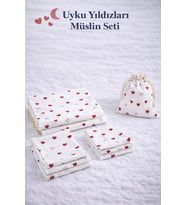 More Home % 100 Pamuk Müslin Örtü, Bebek Battaniyesi 6 Parça Set Kalp Desenli Beyaz Kırmızı
