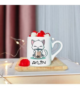 Kedi  Tasarımlı Ahşap Tabaklı Kişiye Özel Türk Kahvesi Fincanı
