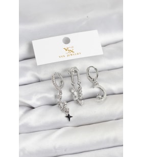 Pirinç Gümüş Renk Zirkon Taşlı Uzay Model YSX Trio Küpe Seti TJ-BKP11569