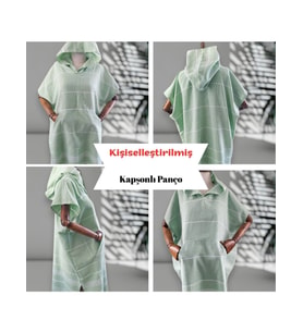 Kişiye Özel Baskılı Kapüşonlu Plaj Pançosu  İsim Yazılı Pamuklu Havlu Poncho Unisex Peştamal Kumaş (Yeşil)