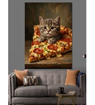 Pizza Dilimi Üzerinde Küçük Kedi Dekoratif Kanvas - Mdf Ahşap Tablo