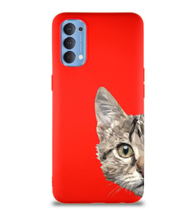 Oppo Reno 4 Soft Premier Kapak Catface Tasarımlı Silikon Kılıf - Kırmızı (Şeffaf)