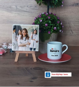Hemşire Fotoğraflı Dekoratif Taş, Ahşap Altlıklı Türk Kahvesi Fincanı Hediye (Model 8)