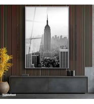 Gümüş Renk Metal Çerçeveli Tamperli Cam Tablo New York Gökdelenler ve Empire State Şehir Mimari Tablo Duvar Dekoru