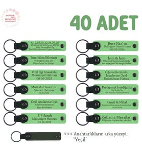 Hayır Yemeği Davetlilerine Hatıra, 40'lı Set, Kişiye Özel Yazılı Deri Anahtarlık, F Yeşil & Yeşil (Fıstık Yeşili)