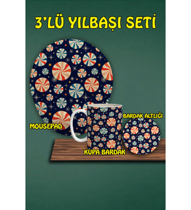 Yılbaşı Temalı 3'lü Bilek Destekli Mousepad Kupa Ve Bardak Altlığı Seti