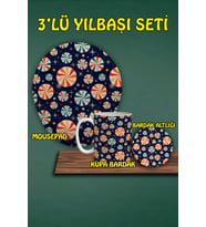 Yılbaşı Temalı 3'lü Bilek Destekli Mousepad Kupa Ve Bardak Altlığı Seti