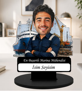 Kişiye Özel Karikatürlü Gemi İnşa ve Marina Mühendisi Masaüstü Ahşap İsimlik Fotoğraflı Denizcilik Hediyesi