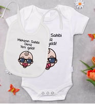 BK Kids Kişiye Özel Mekanın Sahibi Yeni Geldi Tasarımlı Bebek Body Zıbın ve Mama Önlüğü Hediye Seti - Model 1