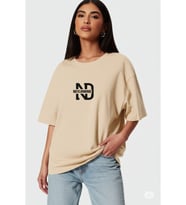 Oversize Tişört Kadın  "NEVERMIND" Baskılı Geniş Kalıp T-Shirt Unisex (Bej)
