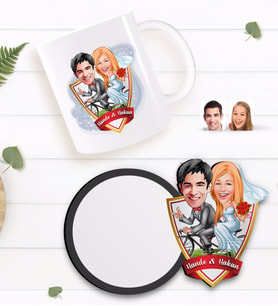 BK Gift Kişiye Özel Evleniyoruz Karikatürlü Beyaz Kupa ve Ahşap Bardak Altlığı Hediye Seti-3