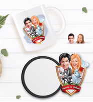 BK Gift Kişiye Özel Evleniyoruz Karikatürlü Beyaz Kupa ve Ahşap Bardak Altlığı Hediye Seti-3