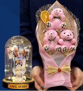 Kişiye Özel 3 Fotoğraflı İsimli Led Işıklı Fanus ve Büyük Boy Pembe Ayıcık Buketi (Model 2)