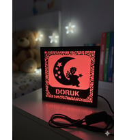 Kişiye Özel İsimli Bebek ve Çocuk Odası Gece Lambası - Ay Dede ve Melek Temalı Dekoratif Aydınlatma Kırmızı ( Canlı Anılar )