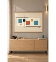 Turkuaz Kareler Mid-Century Panel Ahşap Çerçeveli Duvar Tablosu
