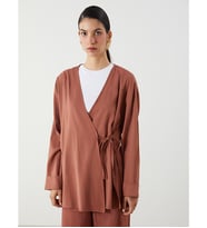 LCW Modest Kahverengi Kruvaze Yaka Keten Karışımlı Kadın Kimono