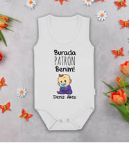 BK Kids Kişiye Özel Burada Patron Benim Beyaz Askılı Sıfır Kol Bebek Body Zıbın, Yeni Doğan Bebek Hediyesi